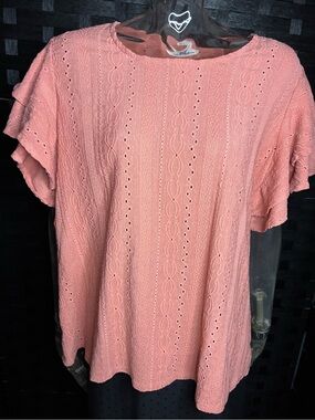 Zoey & Leelo Coral Peach Eyelet Knit Flutter-Sleeve Top